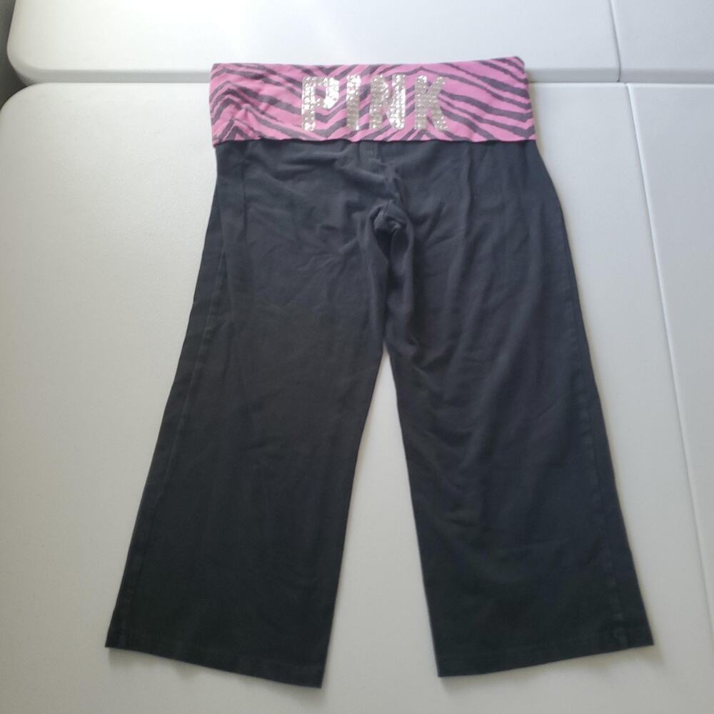 Y2K PINK Victoria's Secret Fold Over Yoga Pants Crop Medium Black Pink McBling